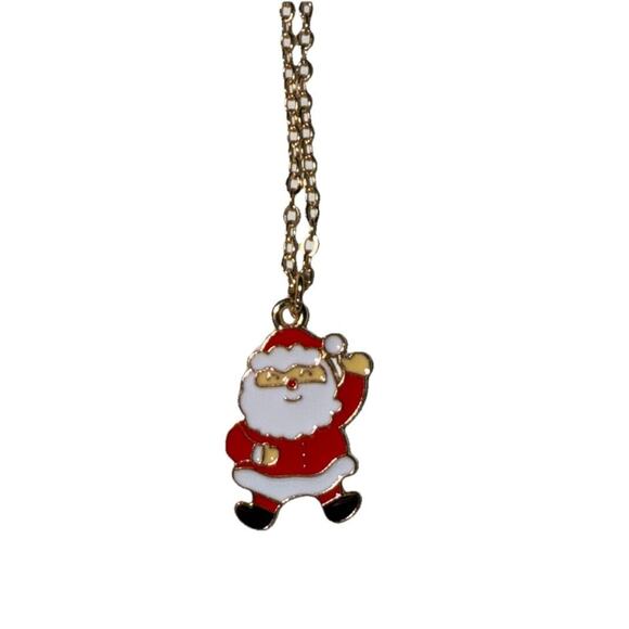Enamel Santa Claus Goldtone Necklace On 16 Inch Chain - Picture 2 of 4
